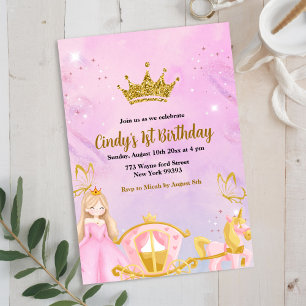 Invitation Fille Princesse Carrosse Rose Or Premier Anniversa