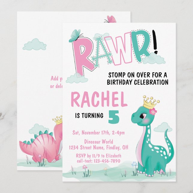 Invitation Fille princesse Dinosaur rose et Turquoise fête d' (Devant / Derrière)