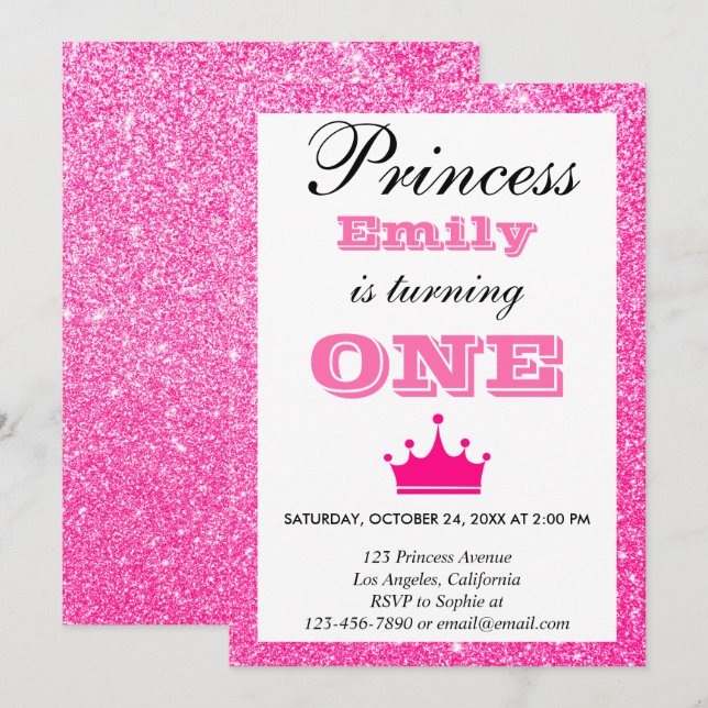 Invitation Fille princesse Hot rose Parties scintillant premi (Devant / Derrière)