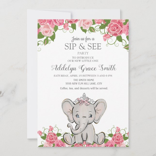 Invitation Fille Princesse Tiara Elephant Rose Floral Sip Voi (Devant)