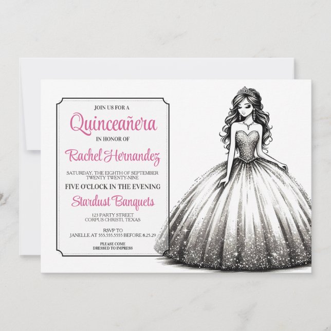 Invitation Fille Quinceañera noire et blanche (Devant)