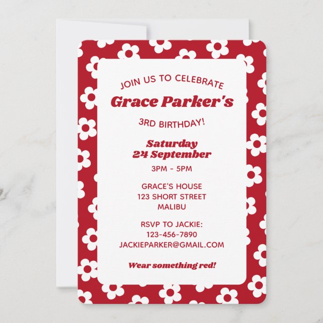 Invitation Fille Red Daisy Motif 3e fête d'anniversaire (Devant)