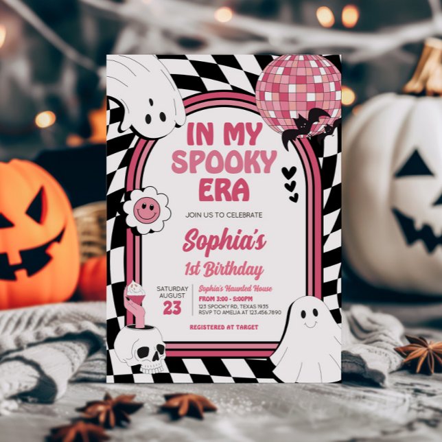 Invitation Fille Retro Fantôme Halloween Anniversaire (Pink Retro Ghost Halloween In My Spooky Era Birthday Invitation)