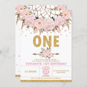 Invitation Fille Rêveuse de Boho Pink 1er anniversaire