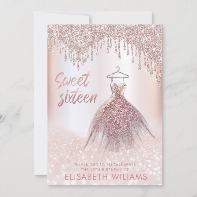 Invitation Fille robe chic goutte d'or rose glittery ombre i (Devant)