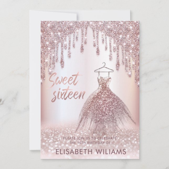 Invitation Fille robe chic goutte d'or rose glittery ombre i (Devant)