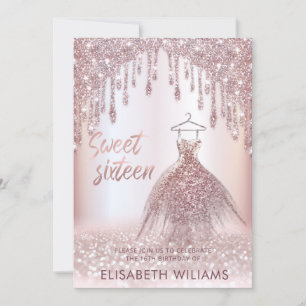 Invitation Fille robe chic goutte d'or rose glittery ombre i