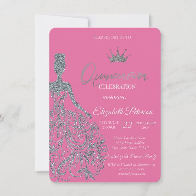 Invitation Fille Robe Pailletée Argent Chic Fuschia (Devant)