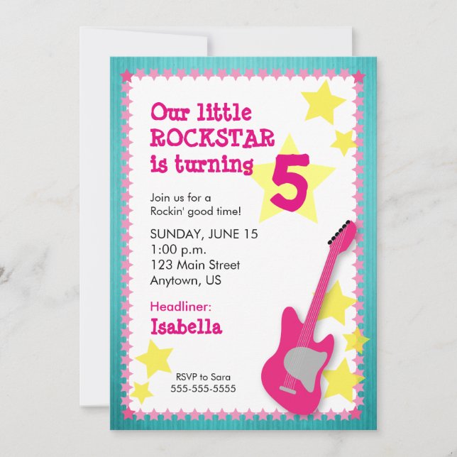 Invitation Fille Rockstar Anniversaire avec guitare rose (Devant)