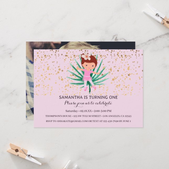 Invitation Fille rose 1er anniversaire (Devant/Arrière en situation)