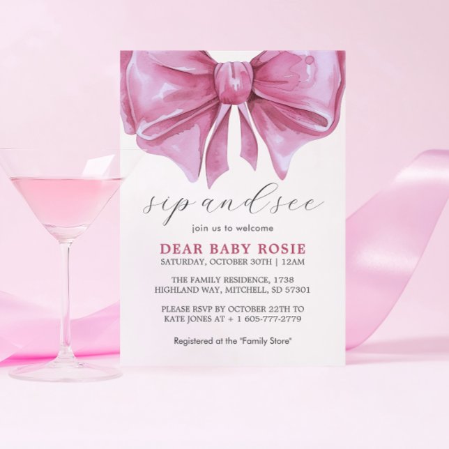 Invitation Fille rose Aquarelle Bow Baby shower Sip et voir (Girly Pink Watercolor Bow Baby Shower Sip and See Invitation)