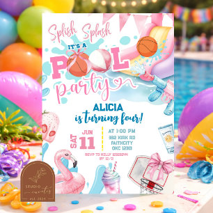 Invitation Fille Rose Arc-en-ciel Basket Piscine Fête d'anniv