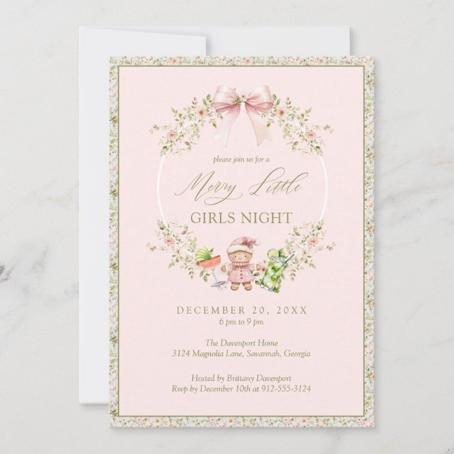 Invitation Fille Rose Coquette Filles Fête de Nuit Fête (Devant)