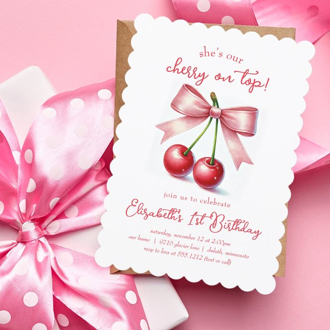 Invitation Fille rose Coquette rouge Cherry Premier anniversa (Girly Pink Red Coquette Cherry First 1st Birthday Invitation)