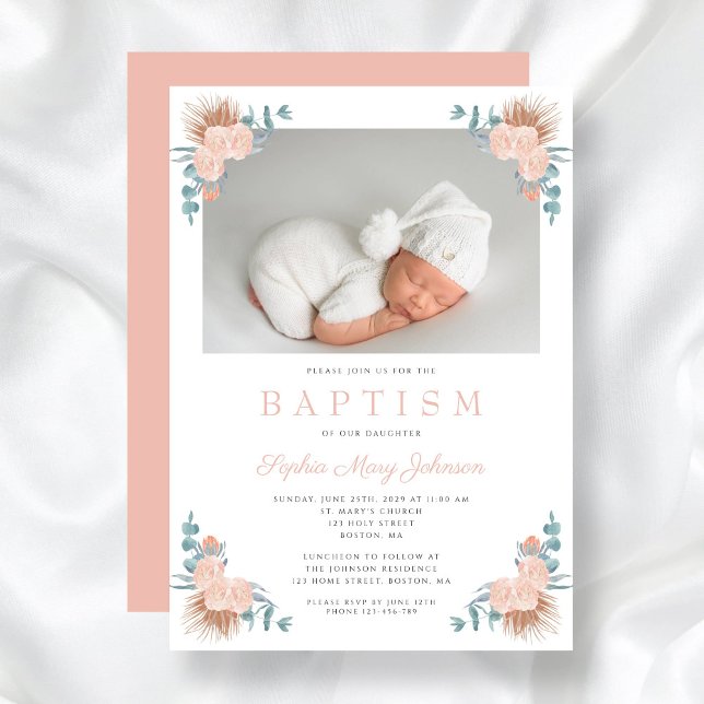 Invitation Fille rose Élégante Photo Baptême (Pink Floral Elegant Girl Photo Baptism Invitation)