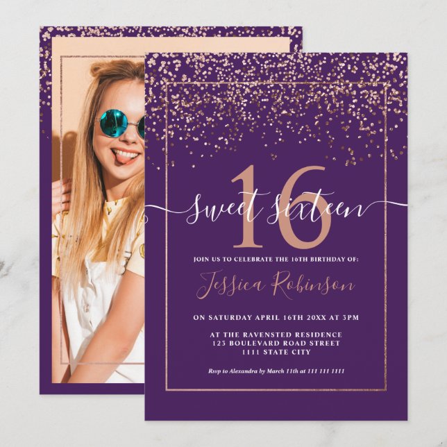 Invitation Fille rose en or confetti violet chic Sweet 16 (Devant / Derrière)
