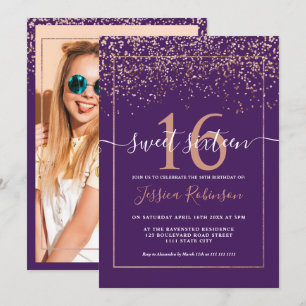 Invitation Fille rose en or confetti violet chic Sweet 16