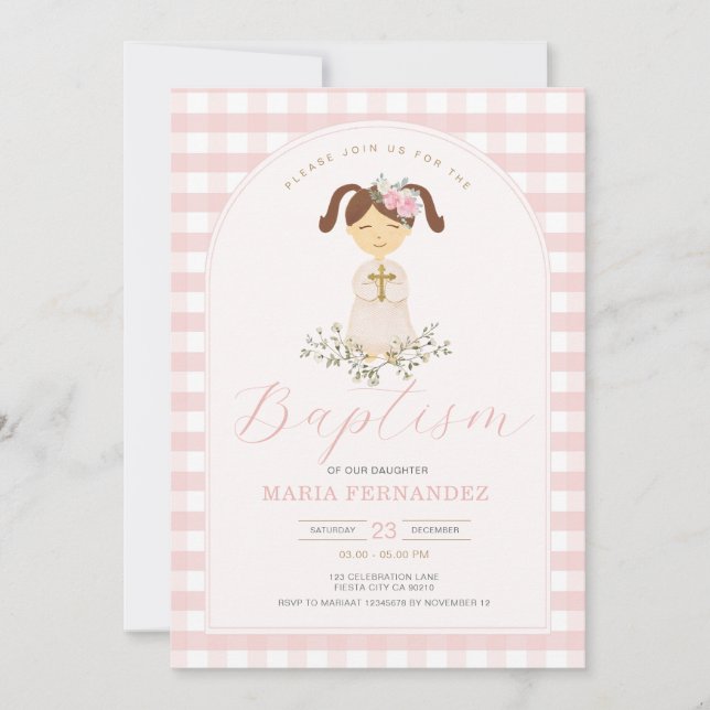 Invitation Fille rose En vichy Fleur sauvage Christening Bapt (Devant)