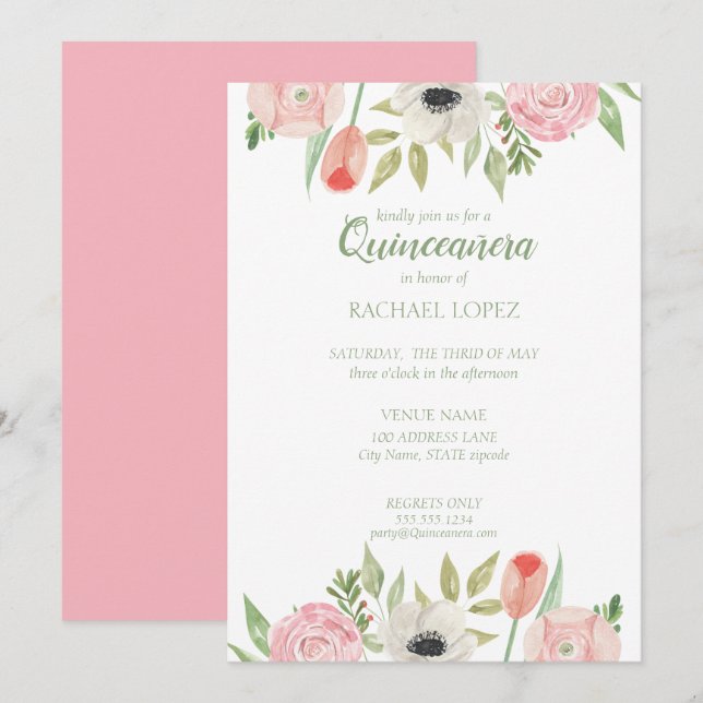 Invitation Fille rose et blanc Quinceanera Floral Anniversair (Devant / Derrière)