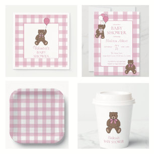 Invitation Fille Rose et Ours en Peluche Blanc Baby Shower