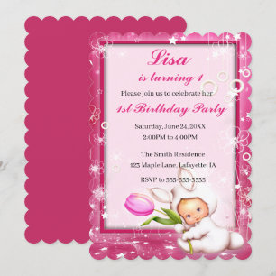 Invitation Fille Rose Floral Baby Bunny 1er anniversaire