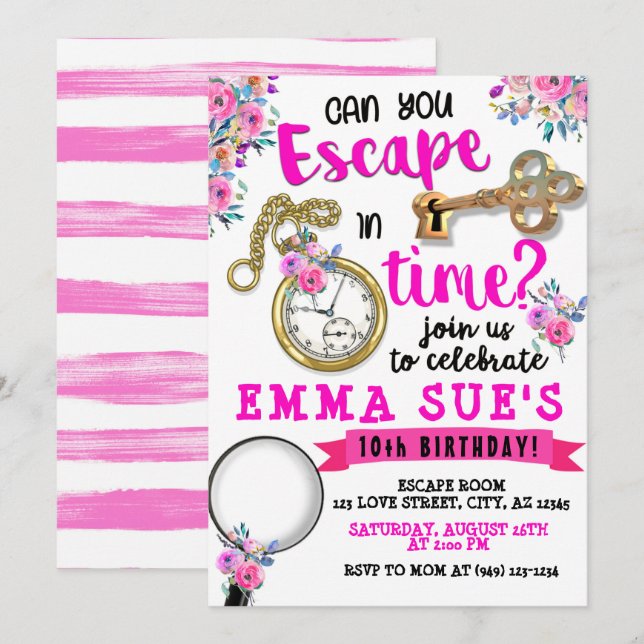 Invitation Fille rose Floral Escape Room Anniversaire (Devant / Derrière)