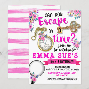 Invitation Fille rose Floral Escape Room Anniversaire