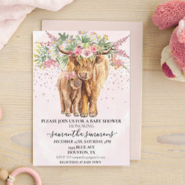 Invitation Fille rose Floral Highland Vache Baby shower de ve