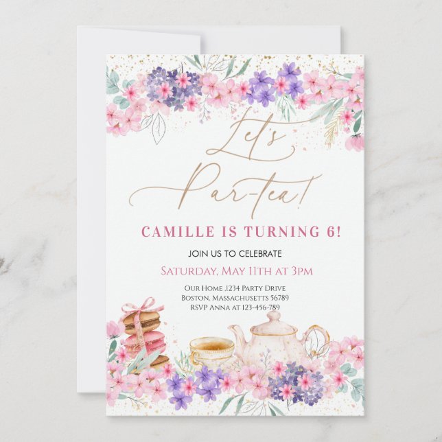 Invitation Fille Rose Floral Tea Party Anniversaire (Devant)