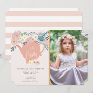 Invitation Fille Rose Floral Tea Party Photo Anniversaire