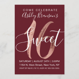 Invitation Fille Rose Gold Foil Burgundy Red Sweet 16