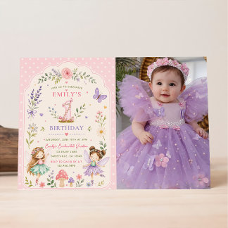 Invitation Fille rose jardin de fées fête de premier annivers