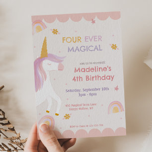 Invitation Fille Rose Licorne Magique Anniversaire Quatre Pou
