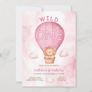 Invitation Fille Rose Lion Wild One Ballon à Air Chaud Annive