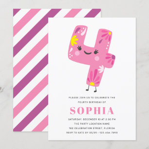 Invitation Fille rose mignonne moderne Anniversaire - 4ème an