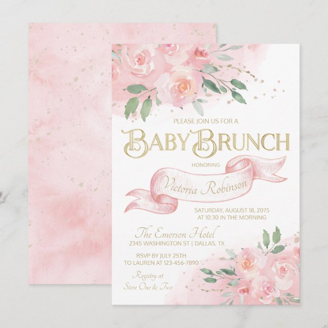 Invitation Fille rose or Aquarelle Rose Bébé Brunch (Devant / Derrière)