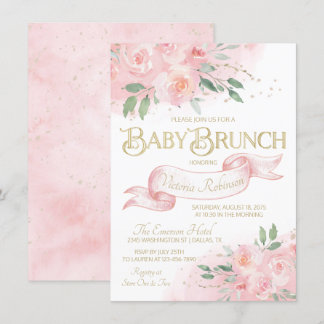 Invitation Fille rose or Aquarelle Rose Bébé Brunch