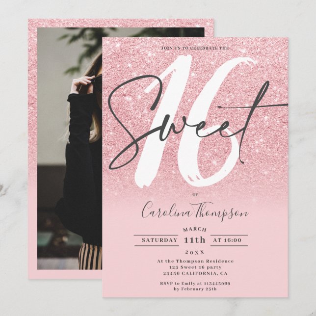Invitation Fille rose parties scintillant dégradé chic photo  (Devant / Derrière)