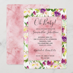 Invitation Fille Rose Peach Purple Burgundy Aquarelle Florale