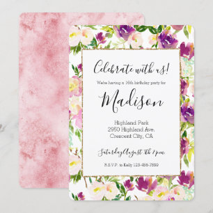 Invitation Fille Rose Peach Purple Burgundy Aquarelle Florale