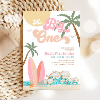 Invitation Fille Rose Pêche Le Gros Un Surf 1er Anniversaire 