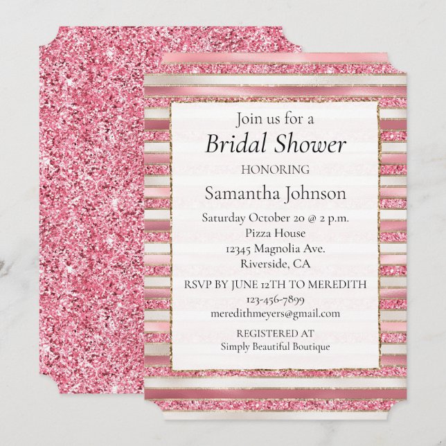Invitation Fille rose perle Parties scintillant rayures (Devant / Derrière)
