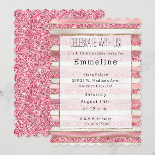 Invitation Fille rose perle Parties scintillant rayures