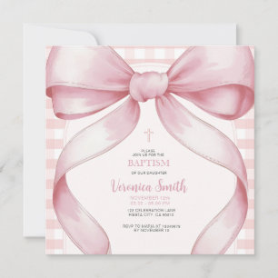 Invitation Fille rose rousse BaptêmeCollier de perle de Bow