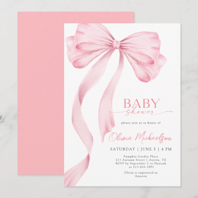 Invitation Fille rose ruban Bow Coquette Élégant Baby shower (Devant / Derrière)