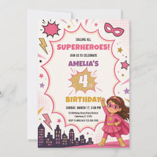 Invitation Fille Rose Super-héroïne Bande Dessinée Anniversai