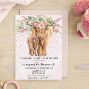 Invitation Fille Rose Veau de Highland Fleur Baby Shower