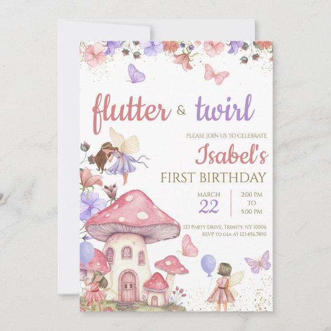 Invitation Fille rose violet Fée Florale Anniversaire (Devant)