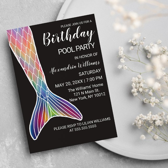 Invitation Fille rose violet marine Mermaid Pool de queue Ann (Girly Pink Purple Navy Mermaid Tail Pool Birthday)