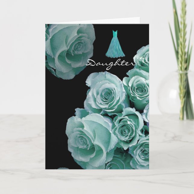 Invitation FILLE - roses et robe de bleu de turquoise de (Devant)